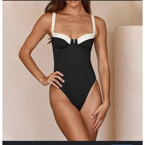Chic Two-Tone Black and White Bodysuit with Underwire Support Sku1 - Picture 1 of 7